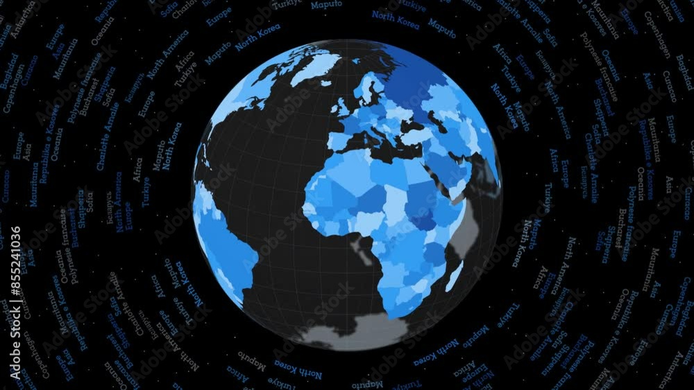 Poster rotating globe. dark translucent globe with round geographical names text. astonishing spinning plan