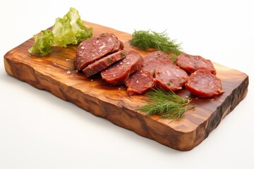 Fototapeta premium Assorted deli meats and aromatic herbs displayed on a cutting board with a white background
