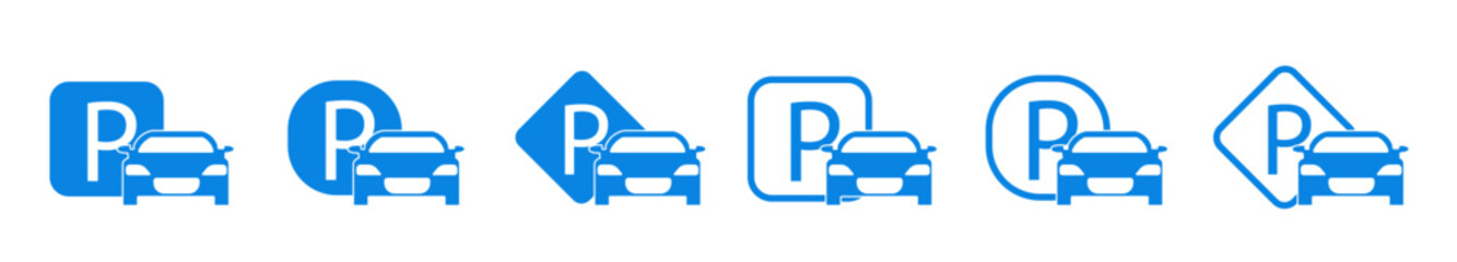 Blue parking signs set, set of vector icons for parking and auto traffic, isolated blue parking sign design, EPS 10 illustration