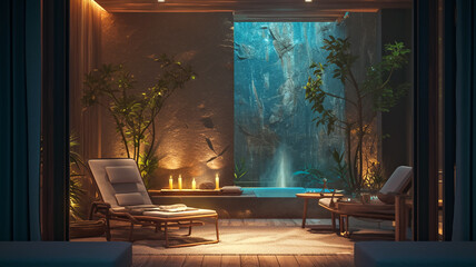Evening relaxation by indoor waterfall