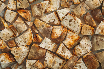 A mosaic of sourdough bread chunks forming a textured background