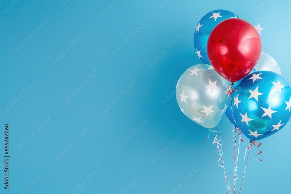 Poster stars and foil balloons in the colors of usa flag on blue background with copy space for text genera