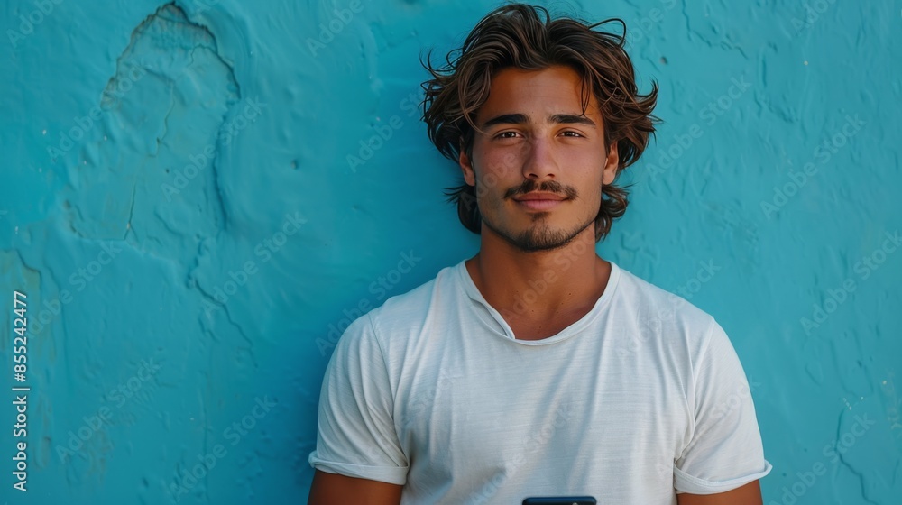 Wall mural Man With Curly Hair in White Shirt