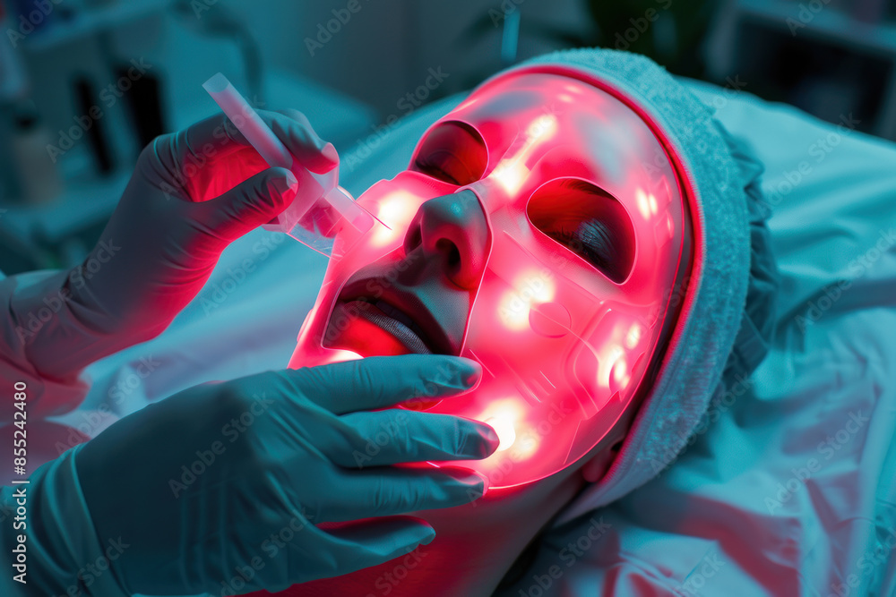 Wall mural a woman lies with a face mask emitting red light, appearing relaxed. the mask is used for light ther