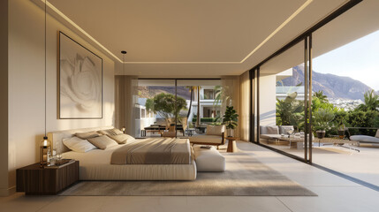 Fototapeta premium Elegant Modern Bedroom with Dining Area and Plush Sofa 