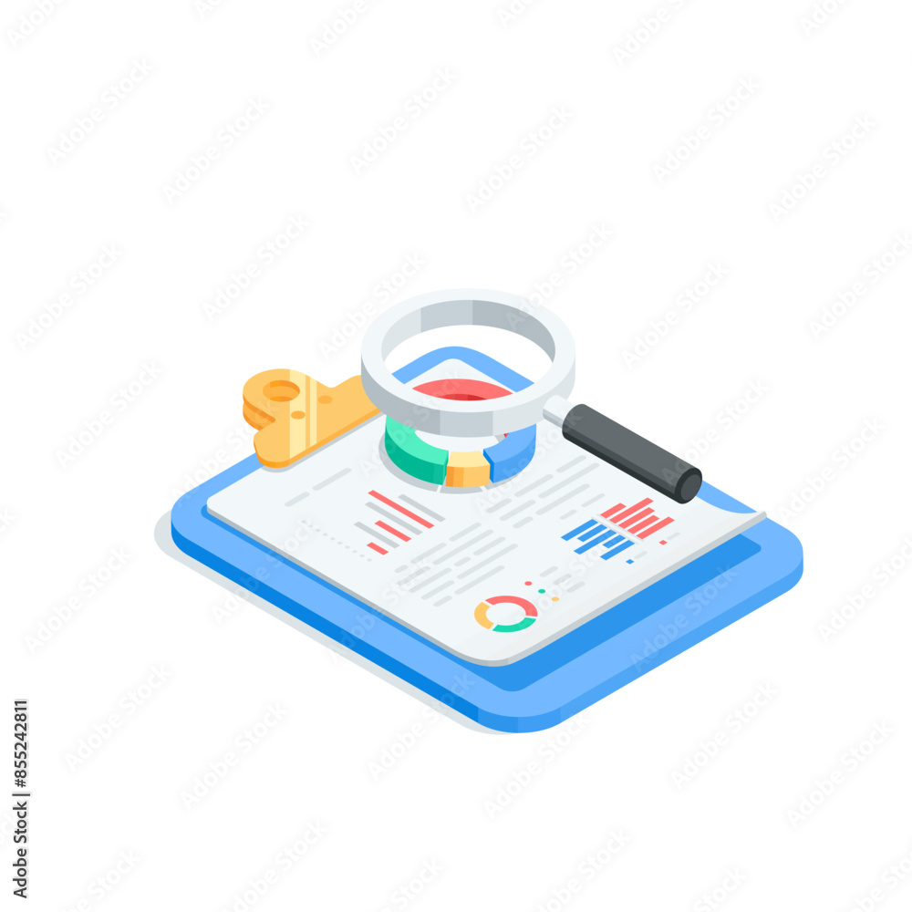 Poster isometric vector tablet with charts on a sheet of paper and a magnifying glass, in color on a white 