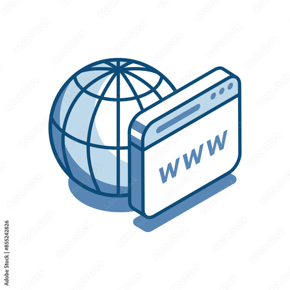 Aufkleber isometric vector linear icon globe and browser window, in color on a white background, web page or i
