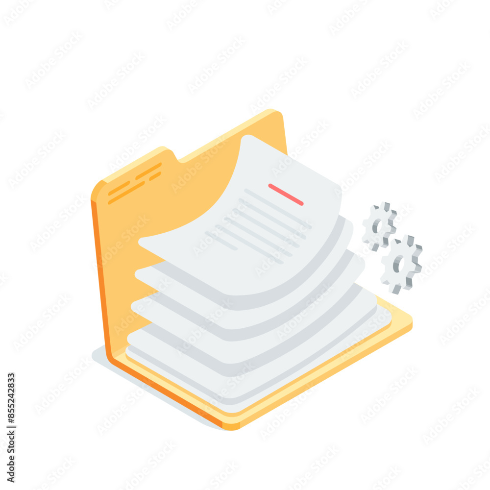 Poster isometric vector opened folder with a stack of documents, in color on a white background, paper fold