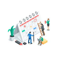 isometric vector men and woman near the calendar, in color on a white background, planning or teamwork with calendar