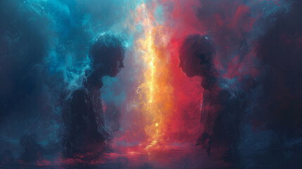 Dramatic Illustration of Twin with Light Beam