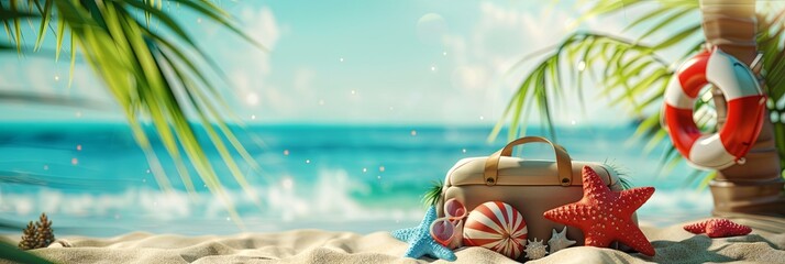 A vacation bag sits on a sandy beach with summer accessories in front of a blurred blue ocean. Generative AI - Powered by Adobe