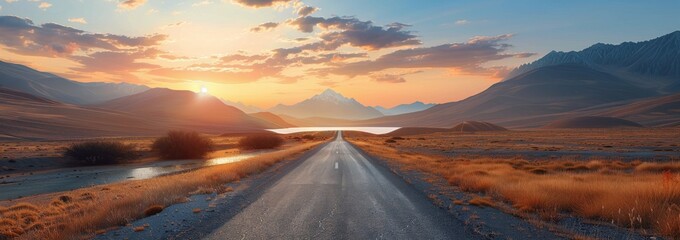 Obraz premium Scenic Road Leading Through Field Towards Mountain Lake at Sunrise