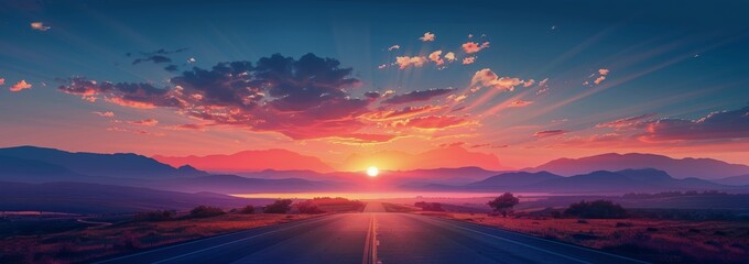 Fototapeta premium Scenic Road Leading Through Field Towards Mountain Lake at Sunrise