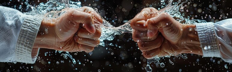 Fototapeta premium Two Fists Collide in a Rain of Water Drops