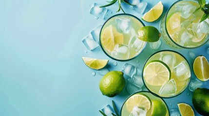 Refreshing caipirinha cocktail with lime on blue background, perfect summer drink