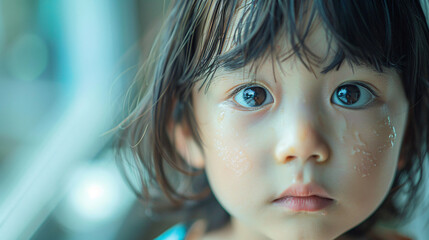 Portrait of a Sad Child with Tear Rolling Down Cheek in Candid Moment with Copy Space, Emotional Expression Concept
