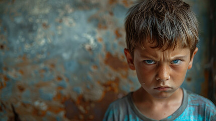 Intense Anger: Portrait of a Furious Child with Soft Background for Emotional Concepts, Copy Space for Text on Side