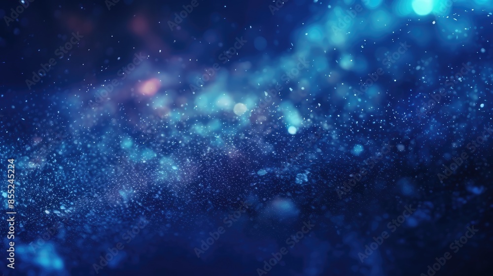 Poster abstract digital artwork of dynamic blue particles with glowing elements and dark background. shiny 