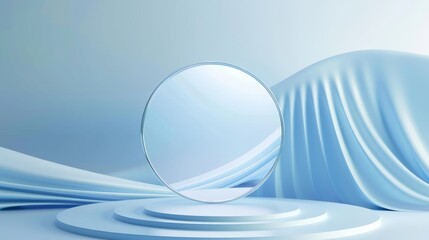3d render of circle on blue background with minimalistic abstract waves, soft lighting, and a sense of calmness. 