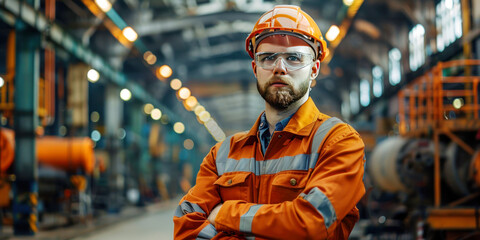 Banner with confident worker in a grey uniform and white hard hat stands with arms crossed in a spacious industrial factory. The background features machinery and equipment