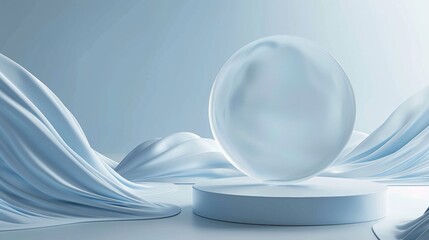 3d render of circle on blue background with minimalistic abstract waves, soft lighting, and a sense of calmness. 
