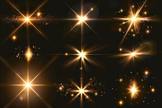 Flash. Realistic flares. Glowing effects. Photography camera light or sunlight reflection from lens. Stars in space. Isolated glints set. Sparkle glares. Vector shimmering elements