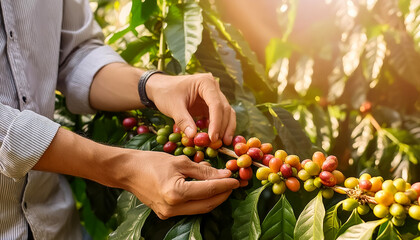 Coffee trees on plantation. The best selected coffee beans are still fresh and ready to be harvested.