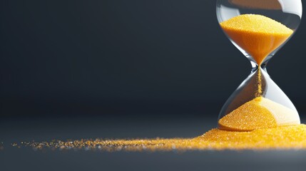 Time running out represented by yellow sand in an hourglass, isolated against an empty black backdrop, visualizing the countdown and approaching deadline with clarity
