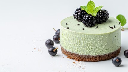 Modern Blue Matcha Mousse Cake featuring black currants, isolated on a simple white background with generous copy space, emphasizing the dessert's unique appearance