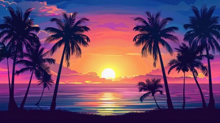 Bright sunset over a tropical sea with palm tree silhouettes and a peaceful beach horizon.