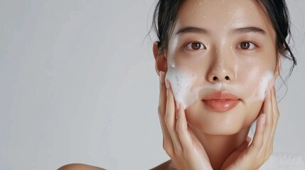 Asian model does facial cleansing young girl with foam on her face