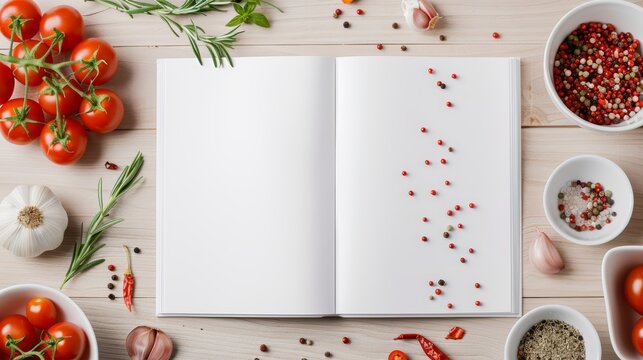 Open blank recipe book on a wooden surface, encircled by vibrant fresh ingredients such as tomatoes, thyme, oregano, garlic, and an array of spices, set for culinary inspiration