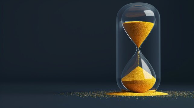 Time running out represented by yellow sand in an hourglass, isolated against an empty black backdrop, visualizing the countdown and approaching deadline with clarity