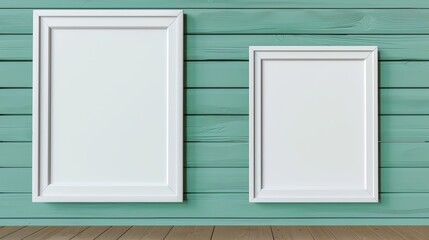 Elegant home decor  mockup of minimalistic white frames on a stylish green wooden wall