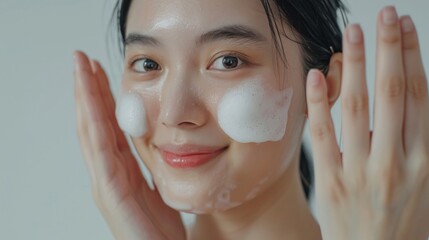 Asian model does facial cleansing young girl with foam on her face
