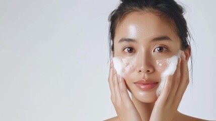 Asian model does facial cleansing young girl with foam on her face