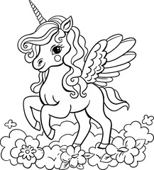 Outline illustration of unicorn , coloring page for kids.