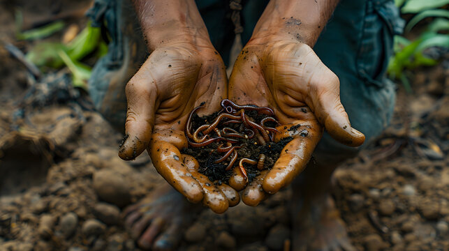 Woman holding soil with earthworms above ground, closeup.