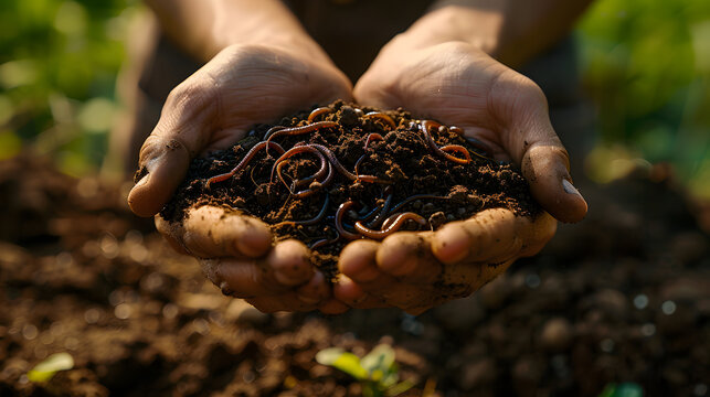 Woman holding soil with earthworms above ground, closeup.