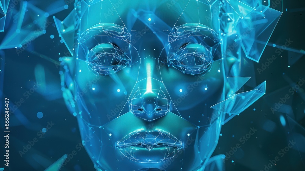 Poster futuristic virtual face shape with artificial intelligence integrated with advanced digital technolo