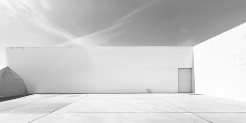 A black and white photo of a minimalist concrete patio with a white wall and a single door