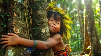 Indigenous Child Hugging Tree merging with nature symbolizing the day of the indigenous people.