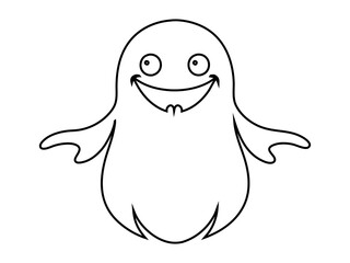 Black outline of funny smiling cute ghost isolated on white background. Concept of spooky spirit, Halloween symbol, minimalist design, cute phantom. Print, icon, design element, coloring page