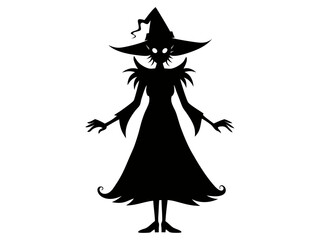 Black silhouette of a witch isolated on a white background. Concept of Halloween, magic, spooky character, witchcraft symbol. Print, icon, design element.