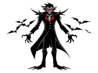 Black silhouette of a vampire with bats on a white background. Concept of Halloween monster, gothic creature, horror icon, minimalist style, spooky character. Print, design element