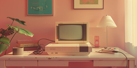 A retro gaming console connected to a television sits on a desk in a brightly lit room