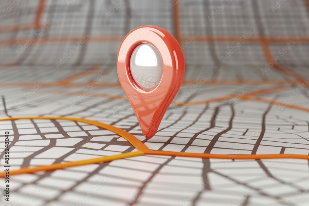 Fototapete A map with a red marker indicates a specific location or route