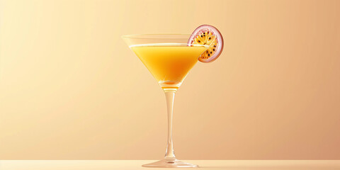 A passion fruit martini cocktail, garnished with a slice of passion fruit, rests on a light background
