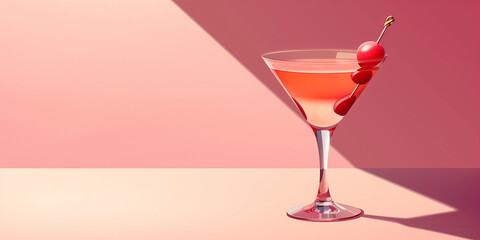 A glass of cosmopolitan cocktail with a cherry garnish on a pink tabletop