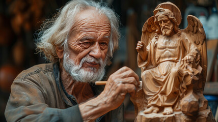 Elderly man carving a wooden Jesus sculpture.generative ai